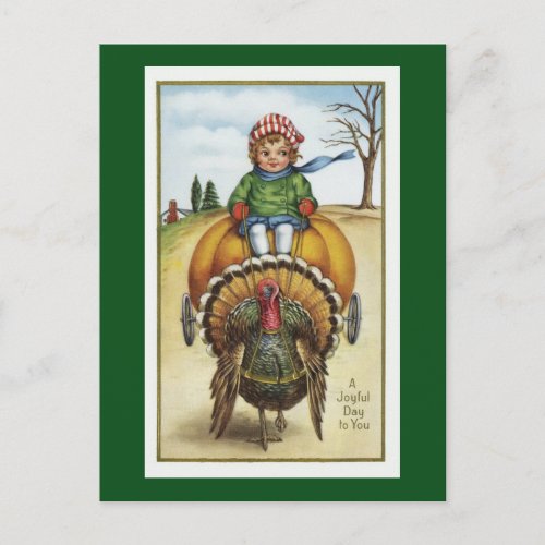 vintage pumpkin cart and turkey postcard