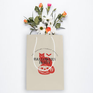 Vintage Pumpkin Cat Bat Orange Red Halloween Party Medium Gift Bag