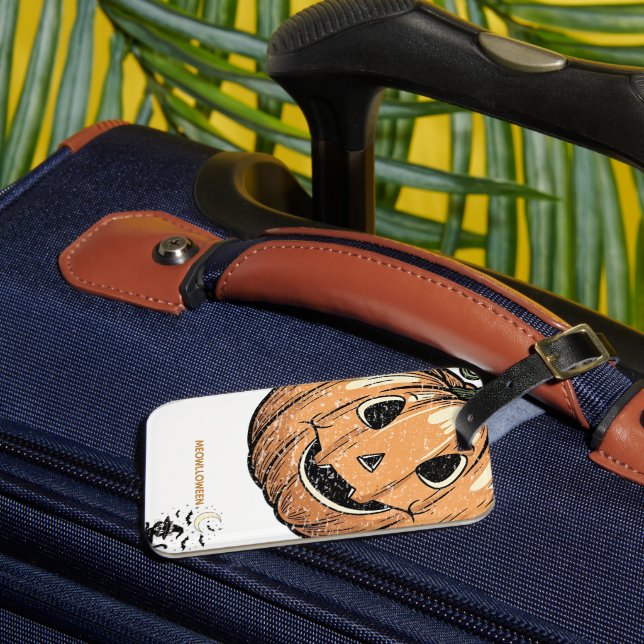 Vintage Pumpkin Cat “Meowloween” iPhone Case Luggage Tag (Front Insitu 3)