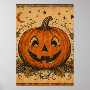 Vintage Pumpkin Halloween Throw Pillow Poster