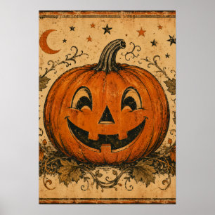 Vintage Pumpkin Halloween Throw Pillow Poster