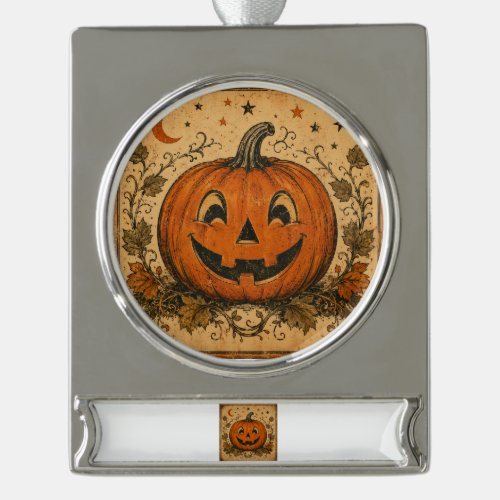 Vintage Pumpkin Halloween Throw Pillow Silver Plated Banner Ornament