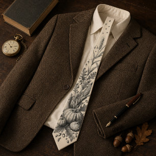 Vintage Pumpkin Harvest Engraving Thanksgiving Neck Tie