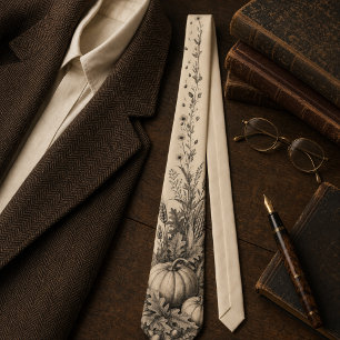 Vintage Pumpkin Harvest Engraving Thanksgiving Neck Tie