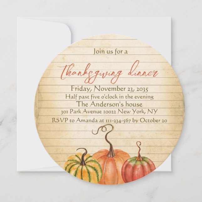 Vintage Pumpkin Orange Rustic Thanksgiving Dinner Invitation (Front)