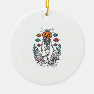 Vintage Pumpkin Skeleton Diver Halloween Fish Desi Ceramic Ornament