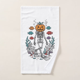 Vintage Pumpkin Skeleton Diver Halloween Fish Desi Hand Towel