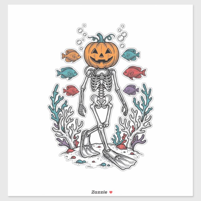 Vintage Pumpkin Skeleton Diver Halloween Fish Desi Sticker (Sheet)