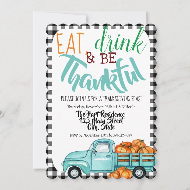 Vintage Pumpkin Truck Gingham Thanksgiving Invite (Front)