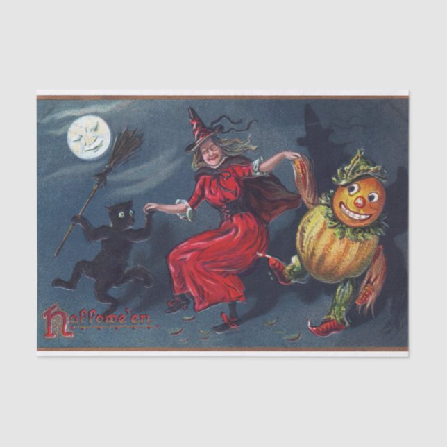 Vintage pumpkin witch black cat party tissue paper (Front)