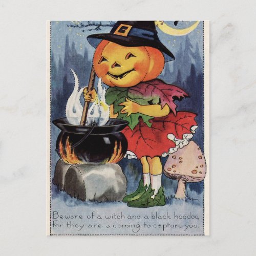 Vintage pumpkin Witch girl Holiday postcard