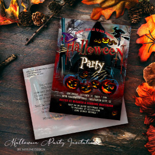 Vintage Pumpkin Witch Halloween Party Invitation Postcard