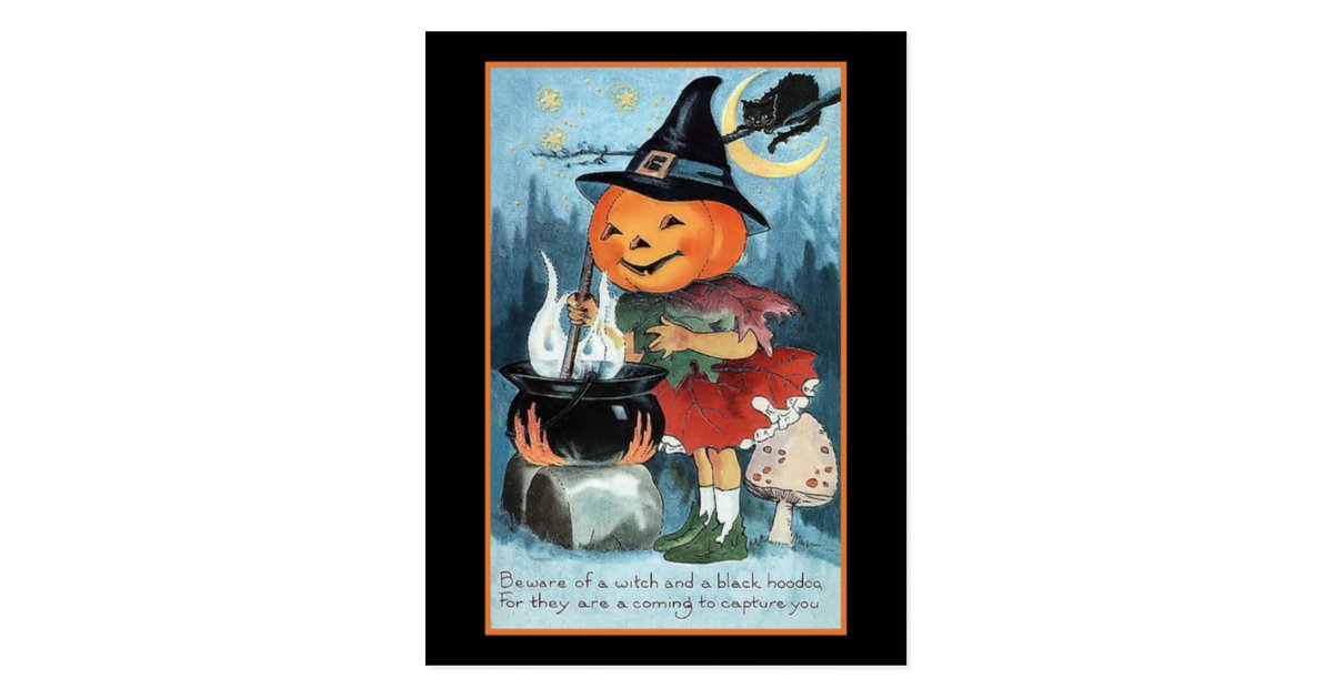 Vintage Pumpkin Witch Invitation Postcard | Zazzle