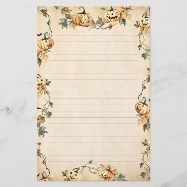 Vintage Pumpkins and Autumn Vine Lined Stationery (Front)