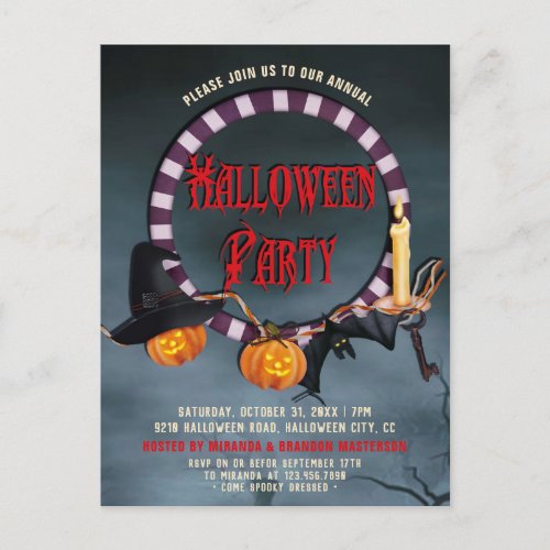 Vintage Pumpkins Candle and Bat Halloween Party Postcard
