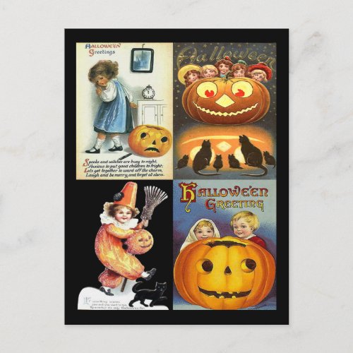 Vintage Pumpkins Kids Four Photo Collection Postcard