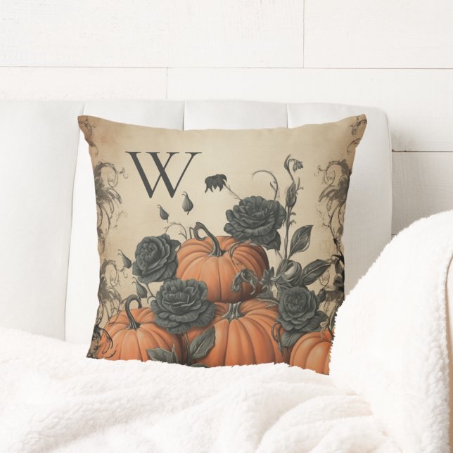Vintage Pumpkins Monogram Throw Pillow (Creator Uploaded)