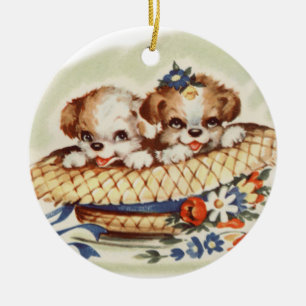 Vintage puppies in hat ceramic ornament