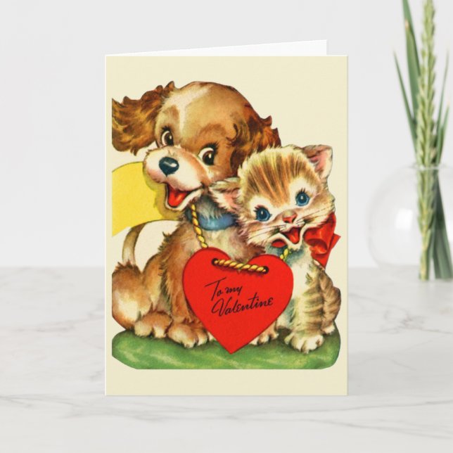 Vintage Puppy and Kitten Valentine's Day Card (Front)