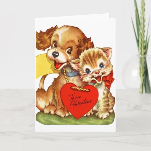 Vintage Puppy and Kitten Valentines Day Card