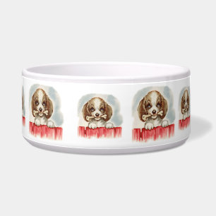 Vintage Puppy Art Puppy with Bone Bowl