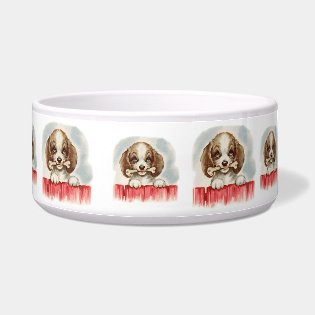 Vintage Puppy Art Puppy with Bone Bowl (Right)