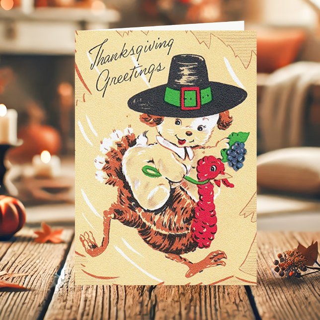 Vintage Puppy Dog Riding Turkey Thanksgiving Holiday Card (Creator Uploaded)