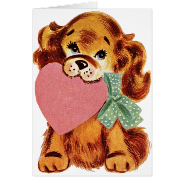 Vintage Puppy Holds Heart Cards (Front)