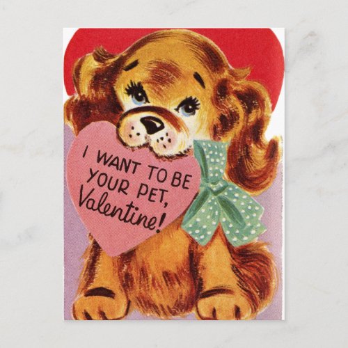 Vintage Puppy Holds Heart Valentine Holiday Postcard
