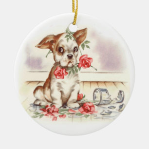 Vintage Puppy with Broken vase and Pink Roses Ceramic Ornament