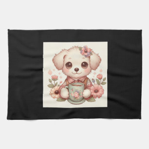 Vintage Puppy with Floral Teacup Kitchen Towel