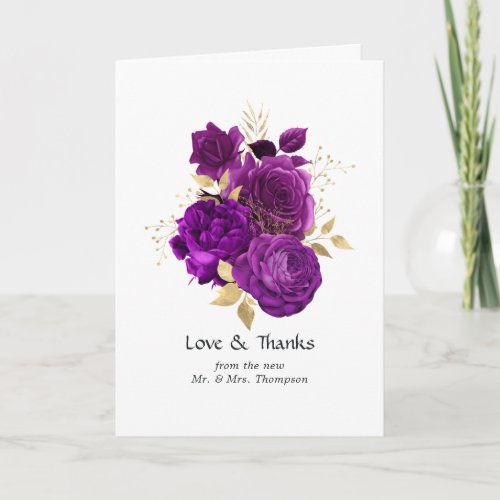 Vintage Purple and Gold Floral Wedding Photo Thank You Card