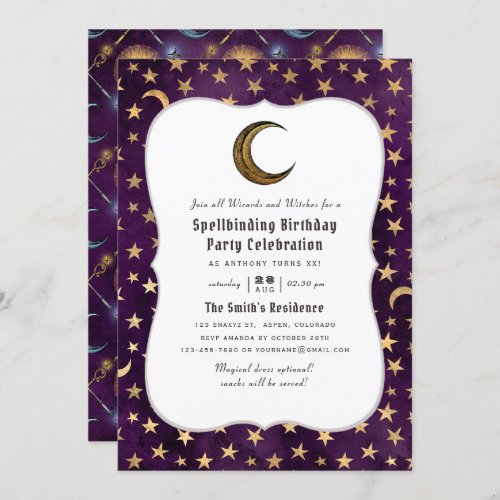 Vintage Purple and Gold Wizard themed Birthday Invitation