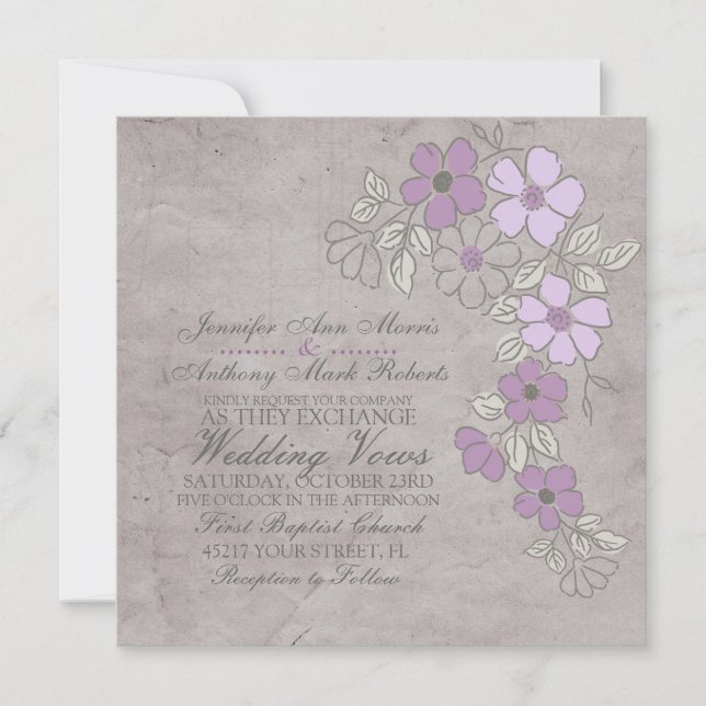 Vintage Purple and Gray Floral Wedding Invitation (Front)