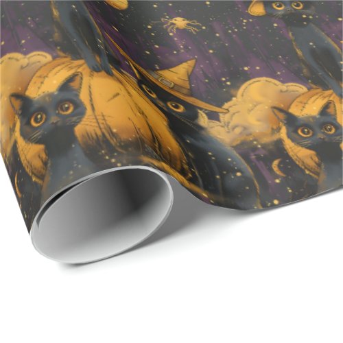 Vintage Purple and Orange 50s Halloween Cats Wrapping Paper