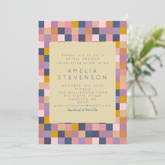 Vintage Purple and Yellow Geometric Bridal Shower Invitation (Standing Front)