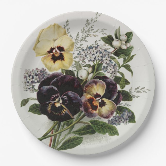 Vintage purple and yellow Pansies Paper Plates (Front)