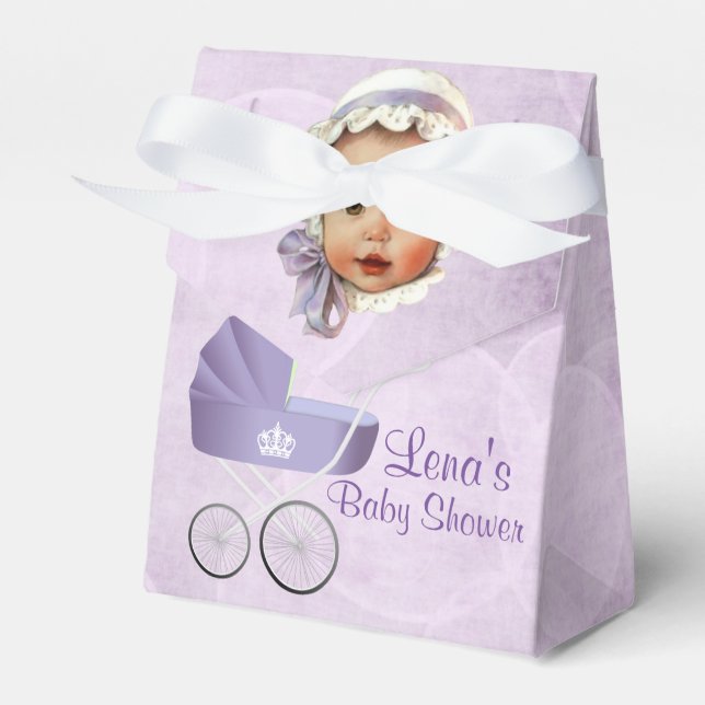 Vintage Purple Baby & Carriage Tent Favor Boxes (Front Side)