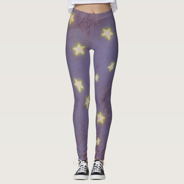 Vintage Purple Background with Gleaming Stars Leggings (Front)