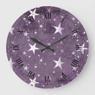 vintage purple background with silver stars large clock