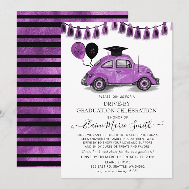 Vintage Purple Beetle Balloons Drive By Graduation Invitation (Front/Back)