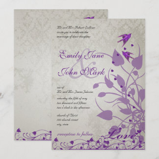 Vintage Purple Birds Hearts Wedding Invites