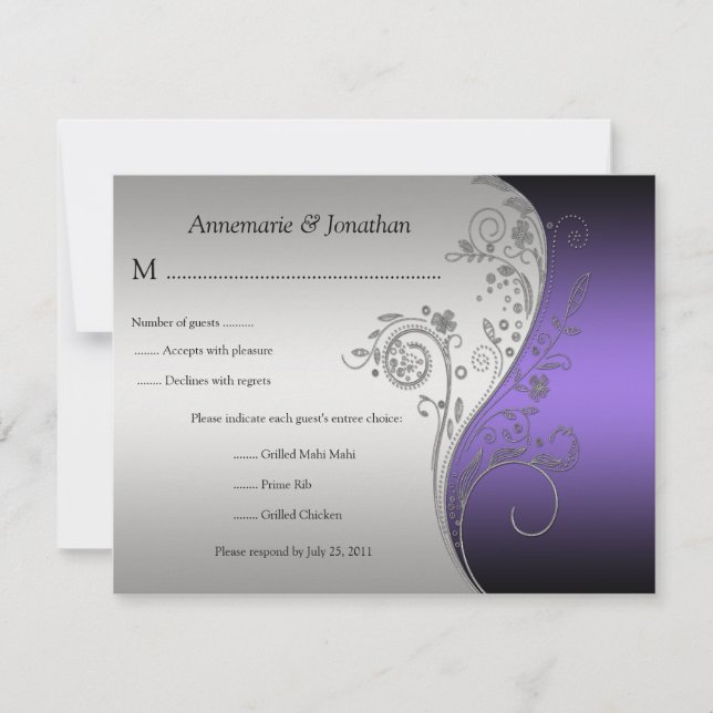 Vintage Purple Black and Silver Floral RSVP (Front)