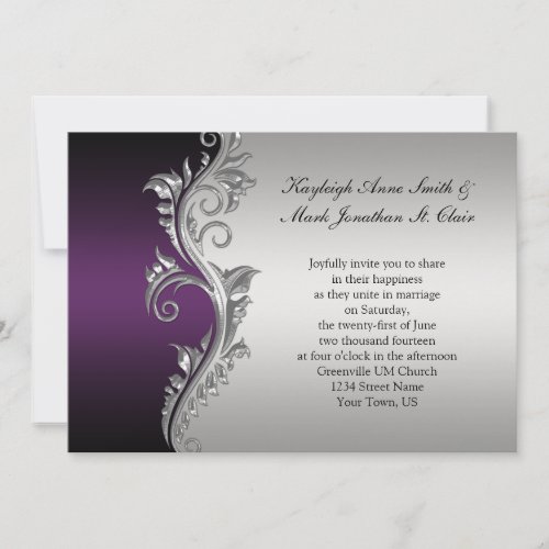 Vintage Purple Black and Silver Wedding Invitation