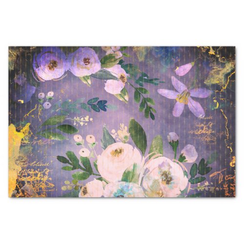 Vintage purple blue gold floral watercolor script tissue paper