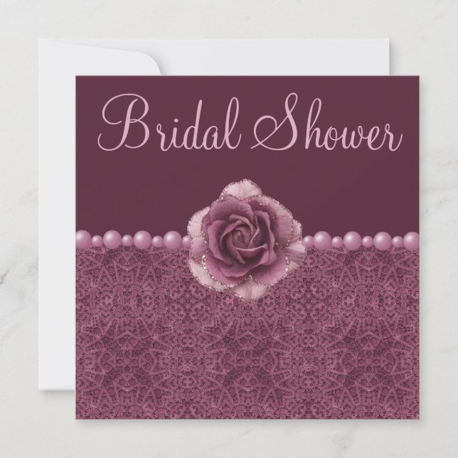 Vintage Purple Bridal Shower Roses, Pearls & Lace Invitation (Front)