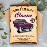 Vintage Purple Car Classic Birthday Invitation<br><div class="desc">Invite your guests with this vintage birthday party invite featuring a beautiful vintage car and retro typography against a parchment background. Simply add your event details on this easy-to-use template to make it a one-of-a-kind invitation. Flip the card over to reveal a rustic barn wood texture on the back of...</div>