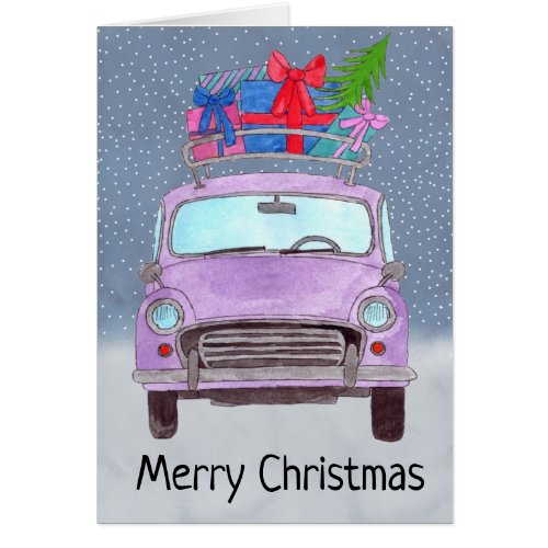 Vintage purple car with gifts