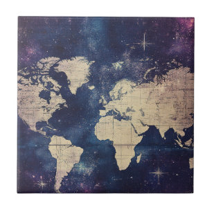 Vintage Purple Celestial World Map (7) Ceramic Tile