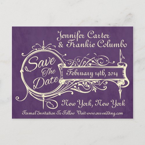 Vintage Purple Chalkboard Save The Date Announcement Postcard